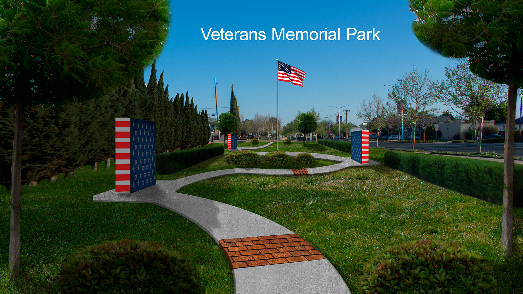 A slide for the Veterans Blvd Presenation, an edited photograph, showing what the Veterans Park could look like